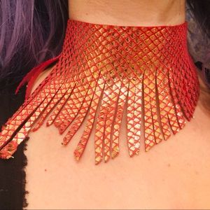 Pink and gold fringe necklace choker